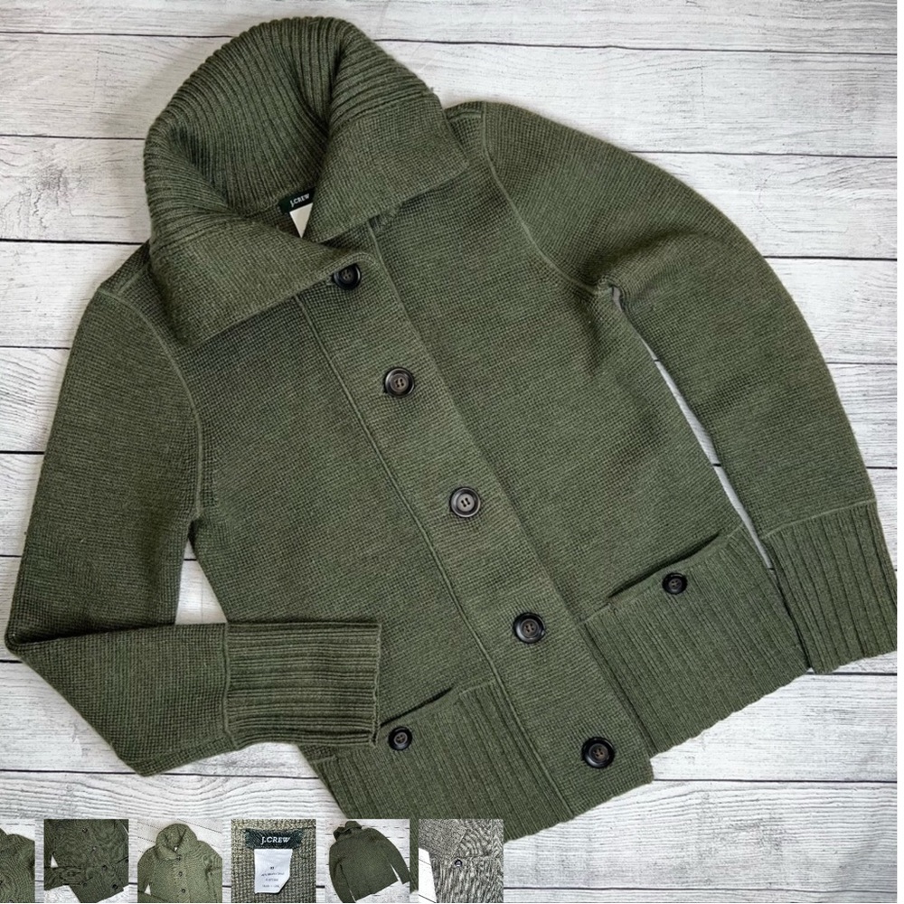J. Crew Women's 100% Marino Wool Shawl Collar Cardigan Olive Green Size Medium